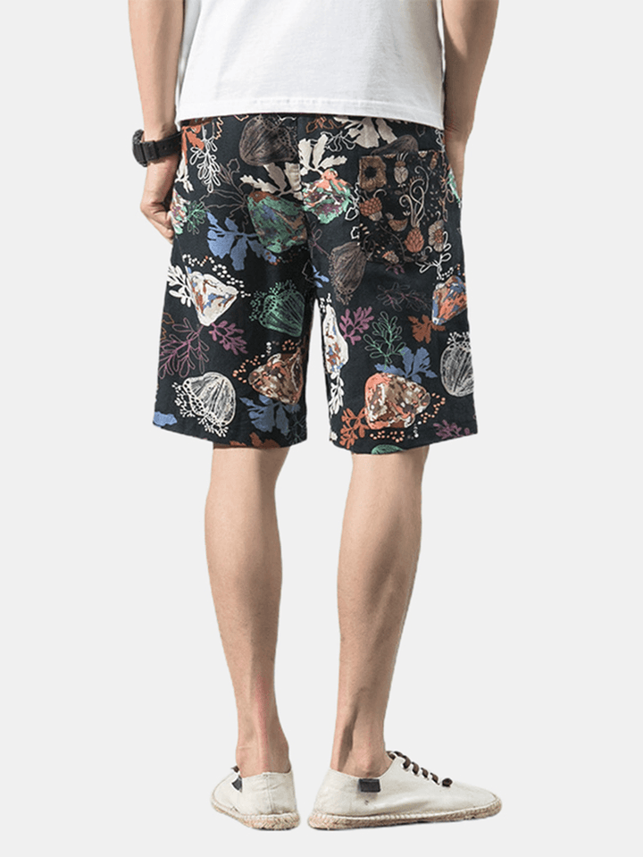 Cotton Mens Floral Print Pocket Drawstring Casual Shorts