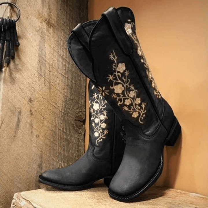 Retro Flowers Square Toe Slip on Mid-Calf Block Heel Cowboy Boots for Women