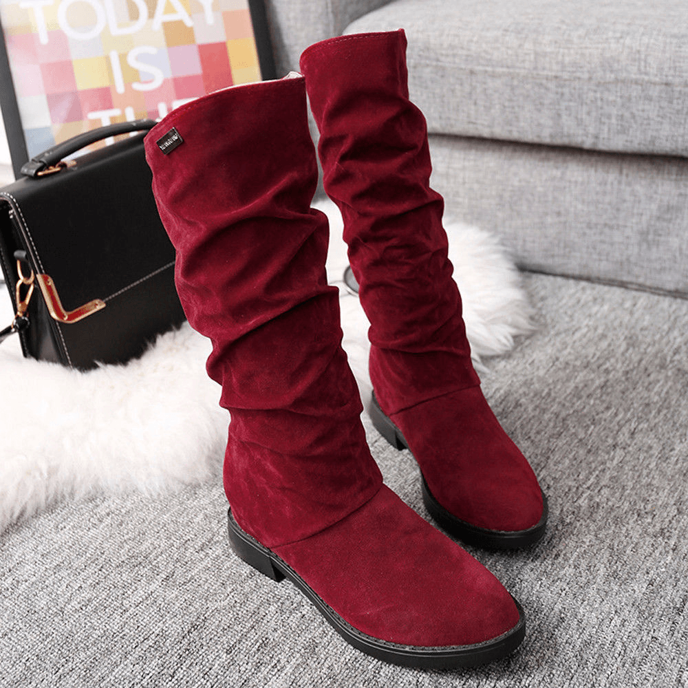 Women Warm Solid Color Suede Winter Snow Mid-Calf Boots