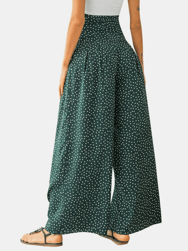 Casual Polka Dot Print High Waist Bow Wide Pants with Pocket