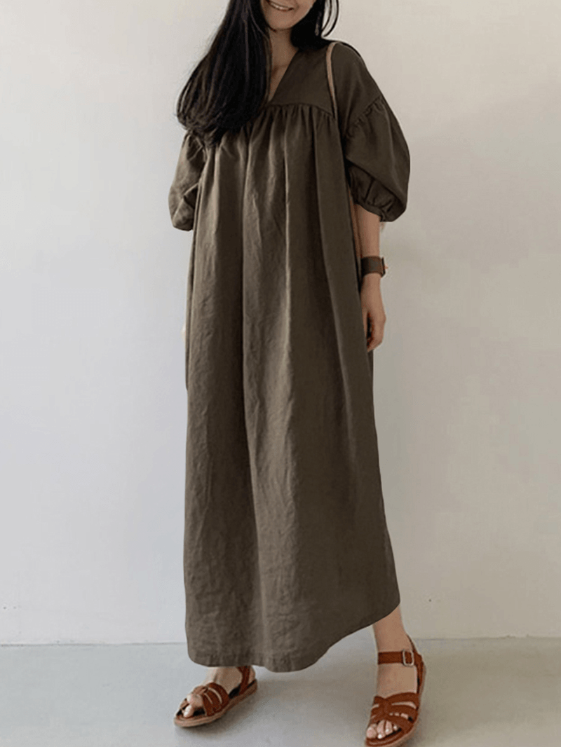 Women Cotton Solid Pleated Loose Puff Sleeve Maxi Dresses with Side Pockets