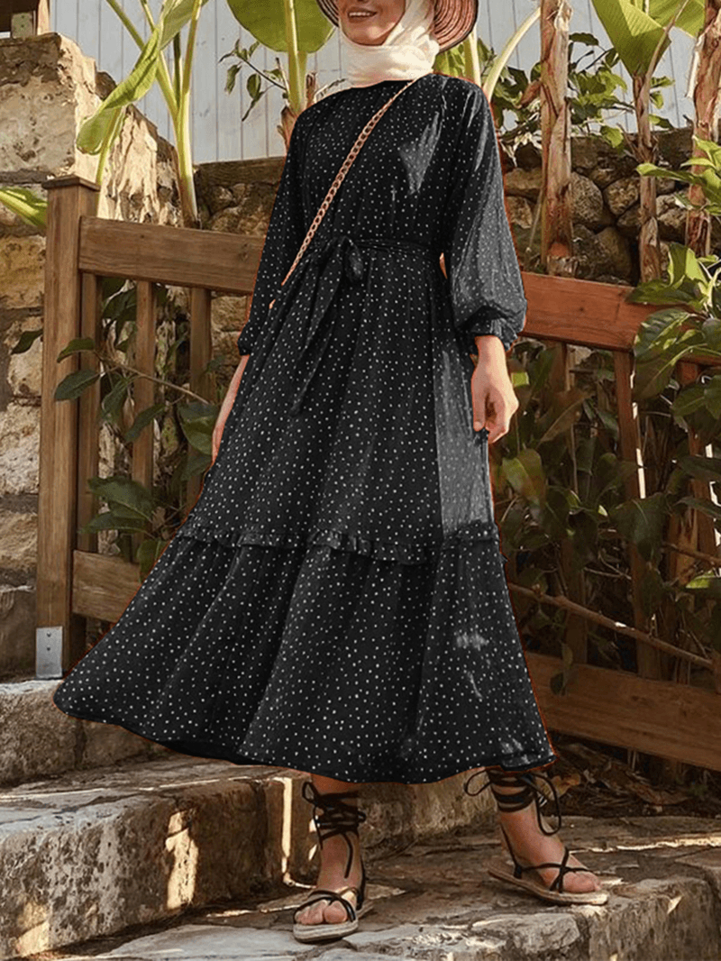 Polka Dot Print Frill Trim Lace up Casual Long Puff Sleeve Maxi Dresses for Women - MRSLM