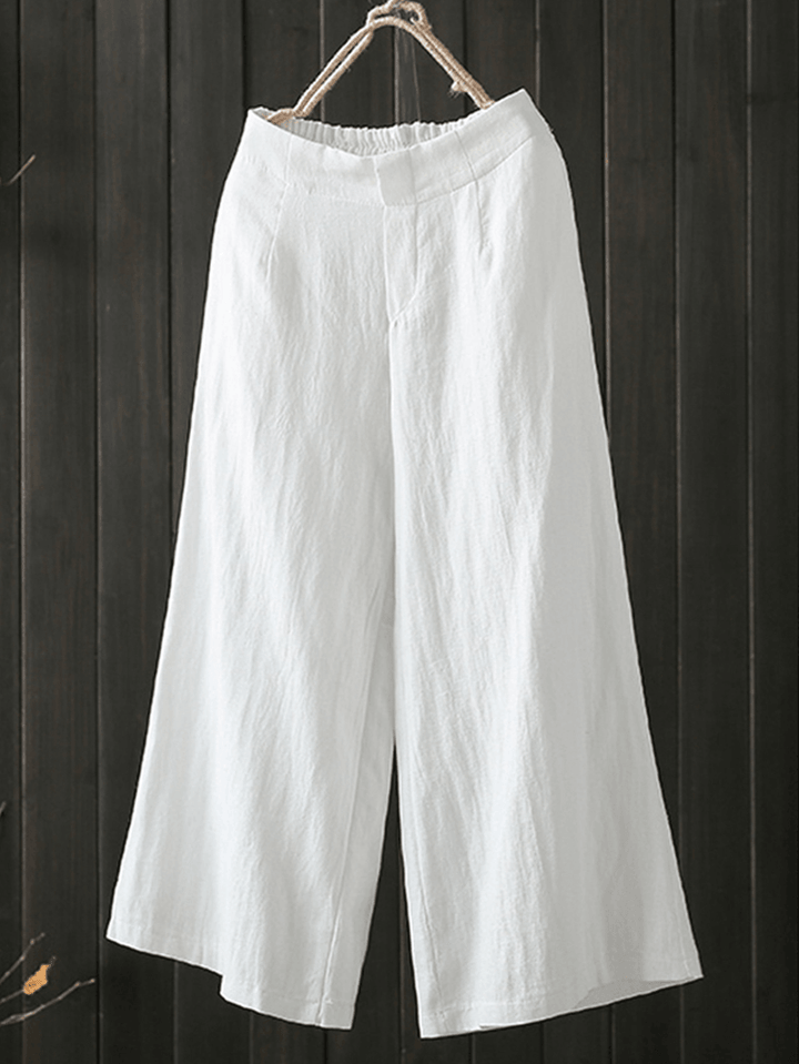 Women High Elastic Waist Loose Cotton Wide Leg Pants with Pockets