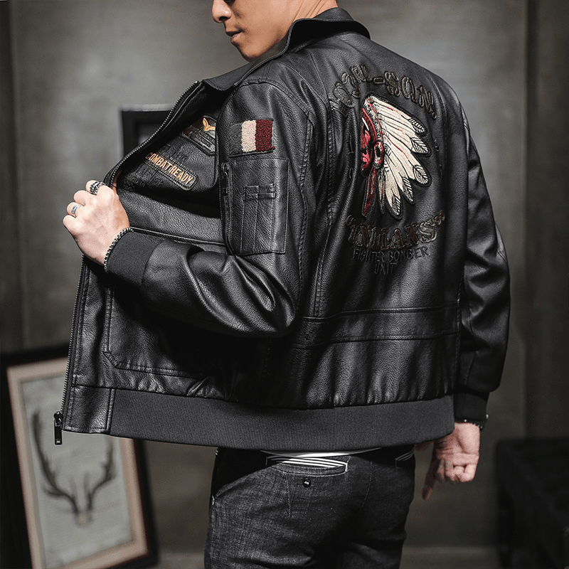 Men'S Pu Leather Jacket Men'S Lapel Embroidery Motorcycle Jacket