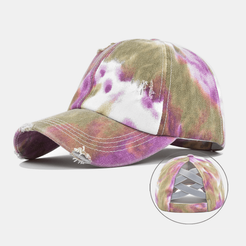 Unisex Colored Tie-Dye Ponytail Baseball Cap Broken Hole Big Brim Breathable Stretch Fit Cap