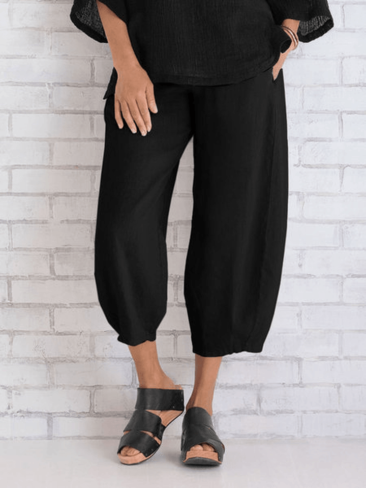 Women Solid Color Cotton Elastic Waist Trouser Pants - MRSLM