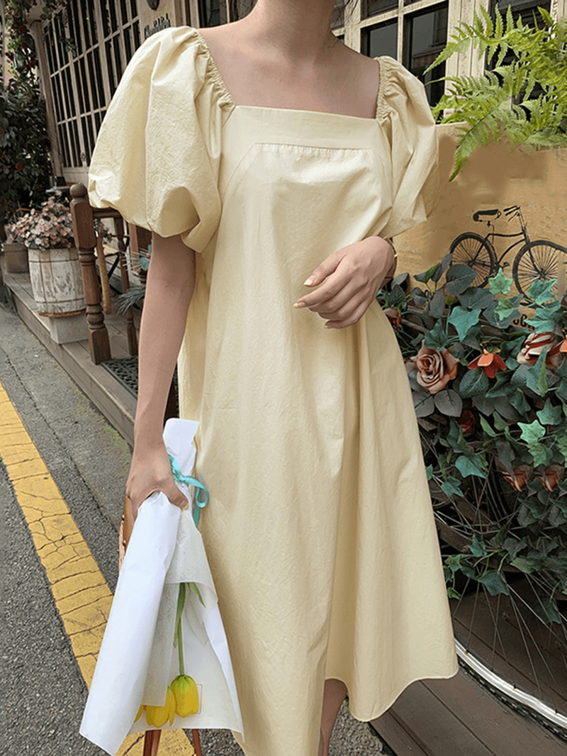 Puff Sleeve Square Collar Plain Solid Color Casual Midi Dress with Pocket