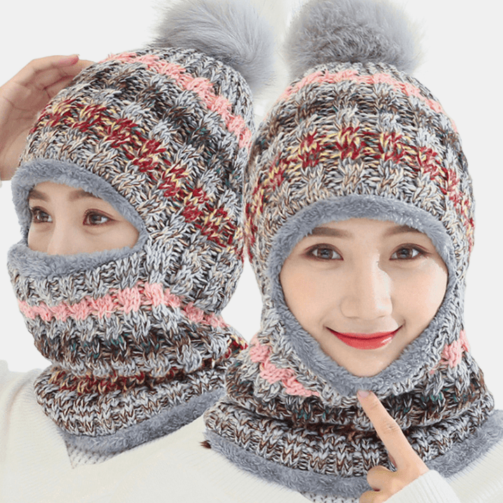 Women Wool One-Piece plus Velvet Thicken Warm Windproof Neck Face Protection Riding Knitted Hat Baseball Hat - MRSLM