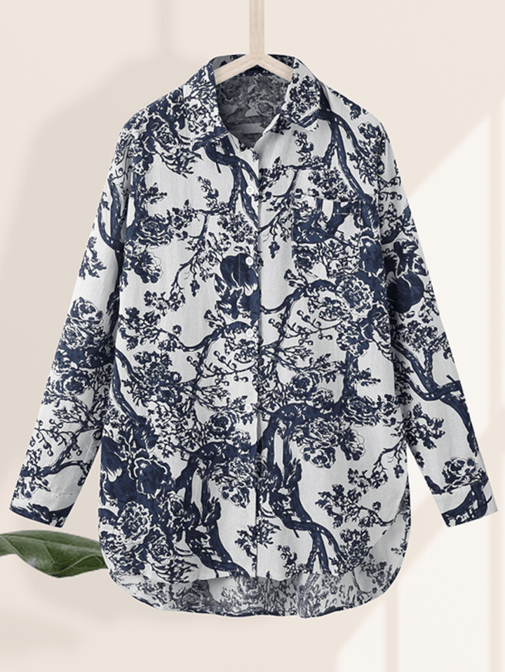 Women Floral Print Lapel Collar High Low Split Hem Long Sleeve Casual Shirts