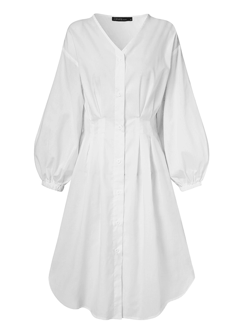 Women Solid Color Puff Sleeve Button up V-Neck Elastic Waist Simple Pleated Midi Shirt Dresses