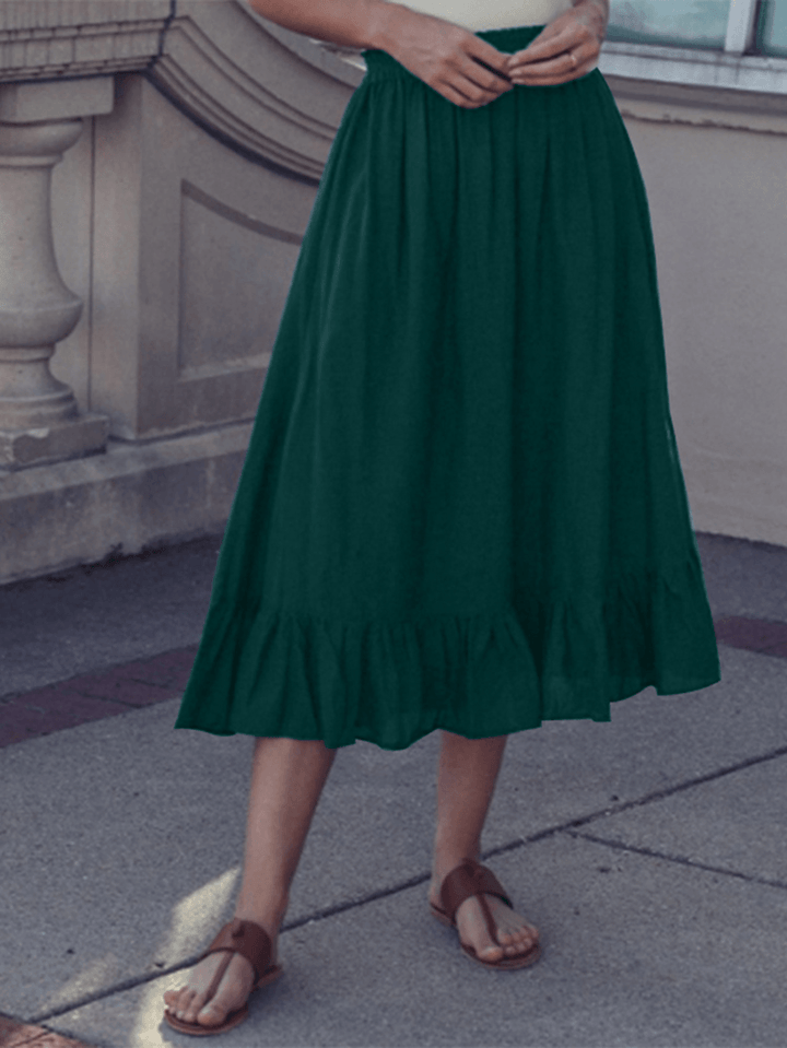 Solid Color A-Line Ruffle Hem Elastic Waist Pleated Casual Skirts for Women - MRSLM