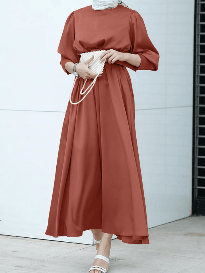 Women Pure Color Lace up Puff Sleeve Casual Kaftan Maxi Dresses