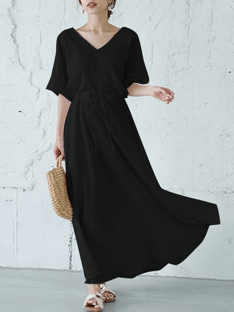 Solid Color V-Neck Drawstring Waist Short Sleeve Maxi Dress