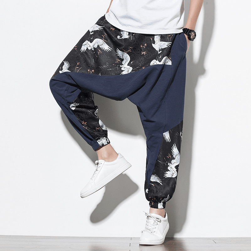 Chinese Style Crane Print Big Crotch Cotton and Linen Casual Pants