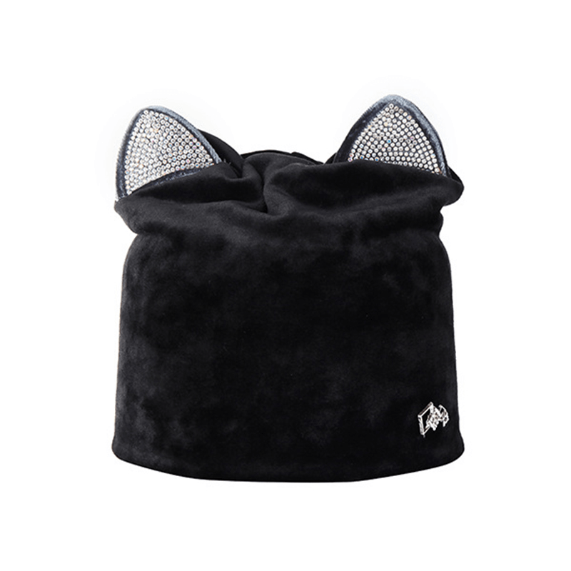 Women Velour Rhinestone Deco Cat Ear Windproof Beanie Cap - MRSLM