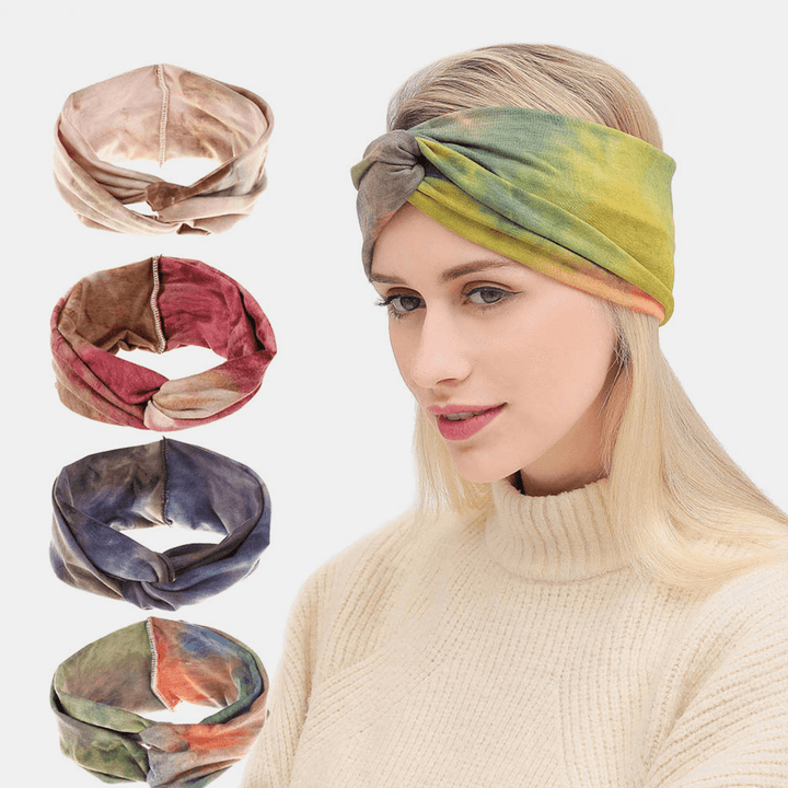 Women Tie-Dyed Cross Headdress Elastic Outdoor Sport Wide Brim Hair Band Headband