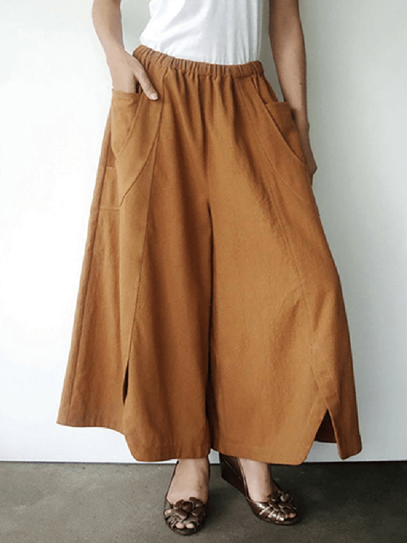 Women Cotton Solid Color Side Pockets Front Fork Wide Leg Pants