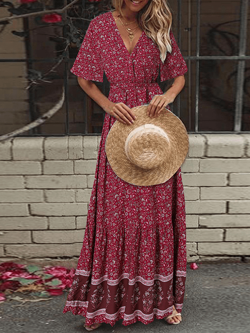 Retro Floral Print V-Neck Maxi Dress - Bohemian Holiday Essential