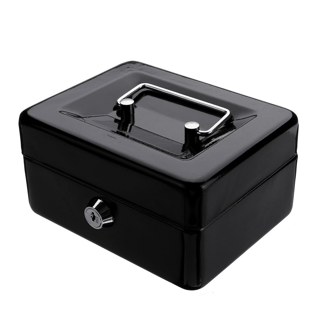 Mini Portable Money Safe Storage Case Black Sturdy Metal with Coin Tray Cash Carry Box