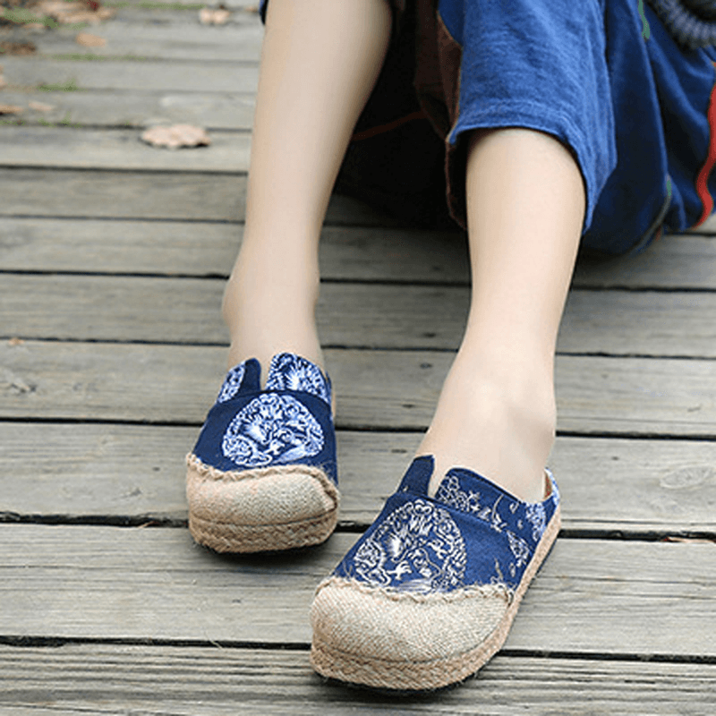 Women Casual Cotton Flax Outdoor Comfortable round Toe Flat Loafer Shoes