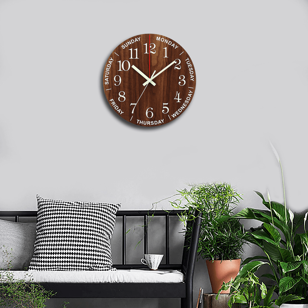 12 Inch Luminous Wall Clock Wooden Silent Non-Ticking Clock with Night Light