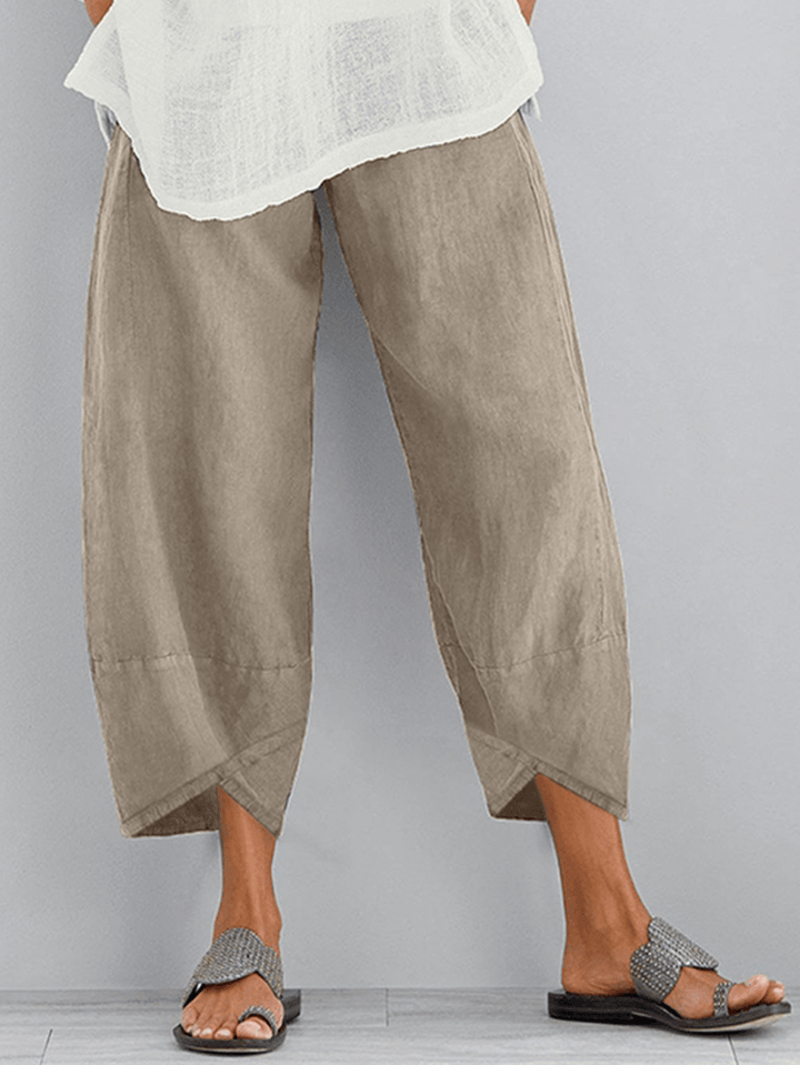 Women Solid Color Elastic Waist Loose Side Pocket Pants - MRSLM