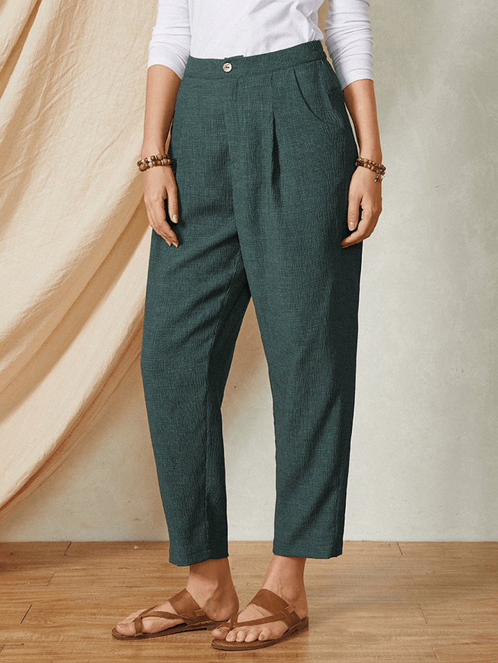 Pure Color Elastic Waist Button Pocket Harem Pants Women Casual Bottoms