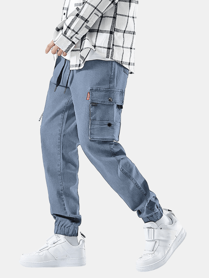 Mens Cotton Cargo Style Drawstring Elastic Ankle Denim Pants with Multi Pockets