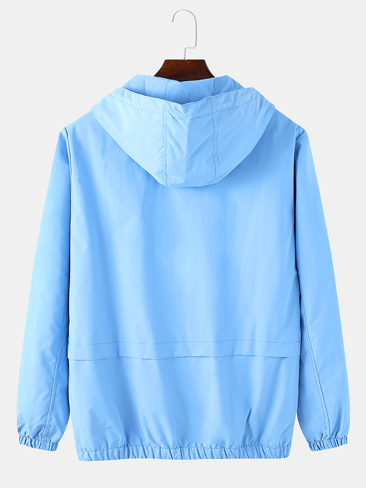 Mens Solid Color Cotton Casual Loose Fit Pocket Drawstring Hooded Jacket