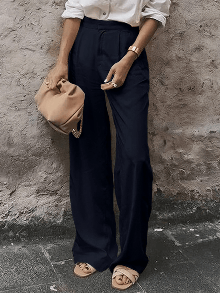 Women High Waist Wide Leg Simple Solid Elegant Casual Long Style Suit Trousers - MRSLM