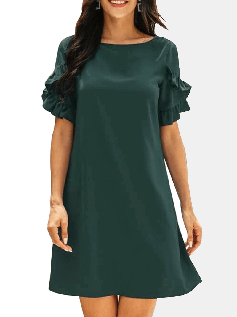 Solid Causal V-Neck Short Ruffled Sleeve Dress for Women