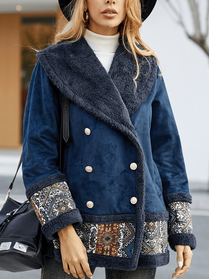 Casual Patch Print Faux Suede Double-Breasted Winter Coats - MRSLM