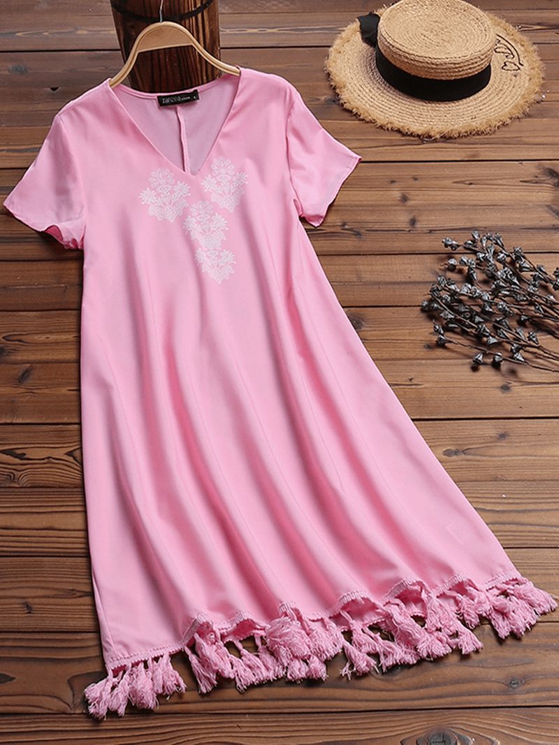 Women Short Sleeve Tassel Patchwork Casual Dress