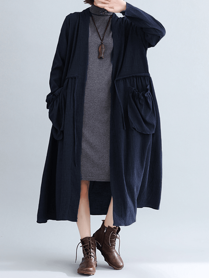 Women Pure Color Cotton Loose Long Sleeve Pockets Trench - MRSLM