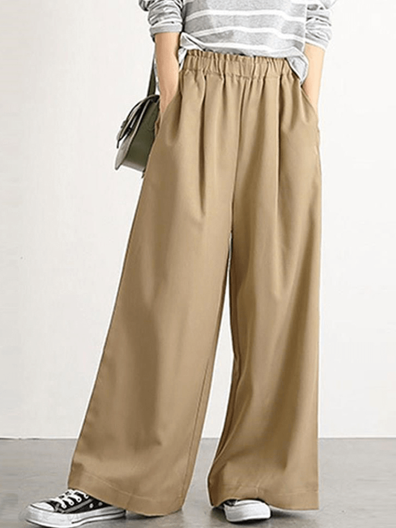 Women Casual Solid Color Elastic Waist Wide Leg Pants with Pocket