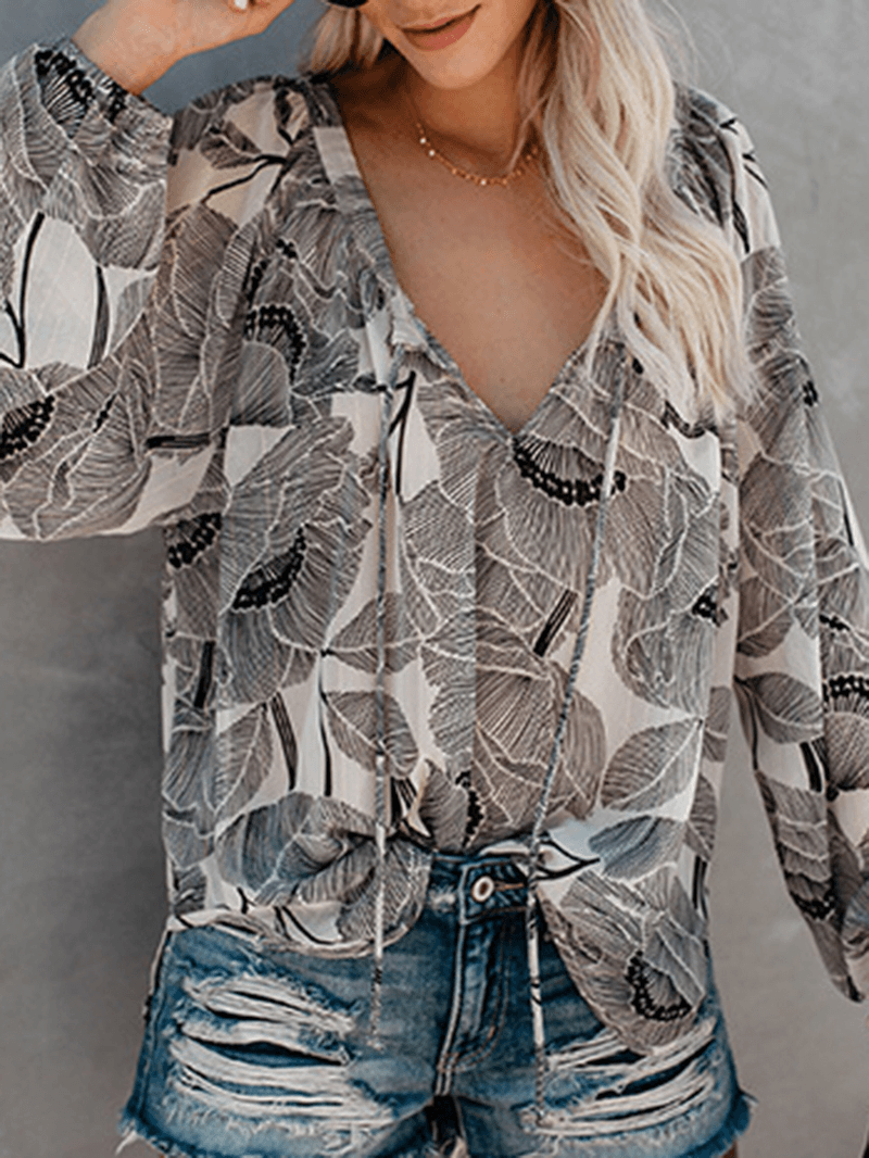 Women V Neck Boho Floral Print Blouse