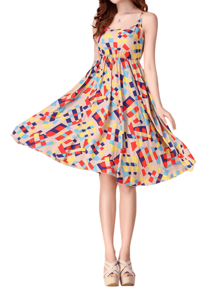 Bohemian Women Strap Flower Pattern Printing Beach A-Line Dress - MRSLM