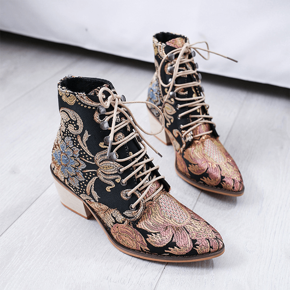 Women Pointed Toe Embroideried Lace up Block Boots