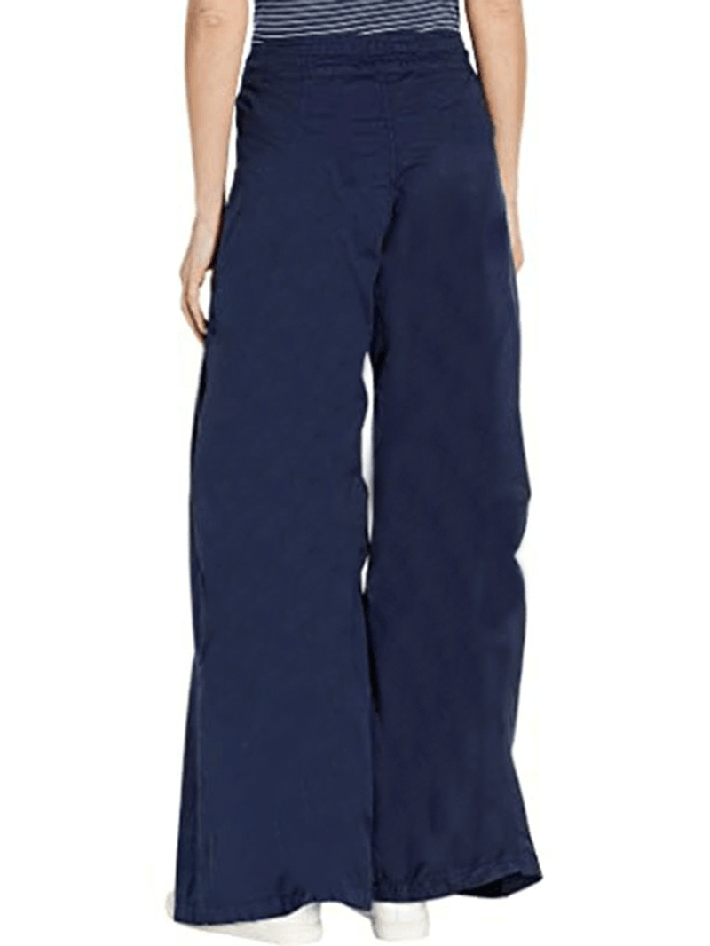 Women Solid Color Elastic Waist Loose Wide Leg Pants with Pocket