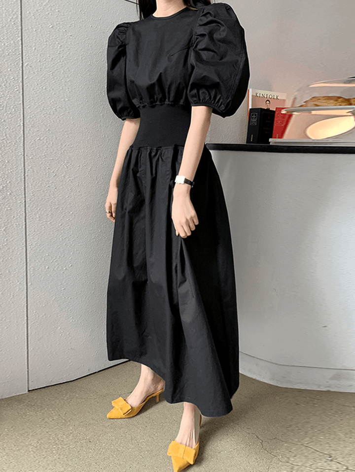 Puff Sleeve O-Neck Short Sleeve Elastic Cuffs Casual Maxi Dress