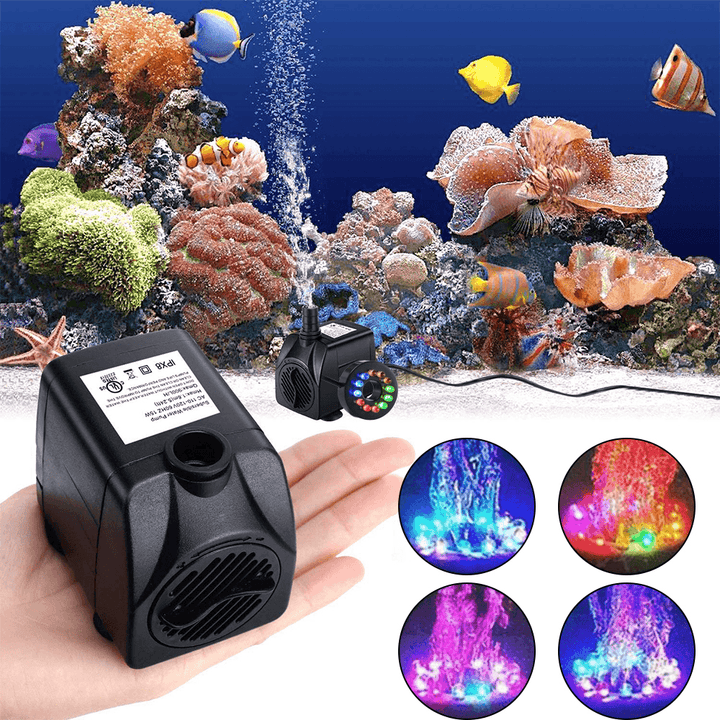 3/4/10/16W Illuminated Small Water Pump Fish Tank Submersible Pump with Colorful Lamp for Aquarium Fountain Garden Pond - MRSLM