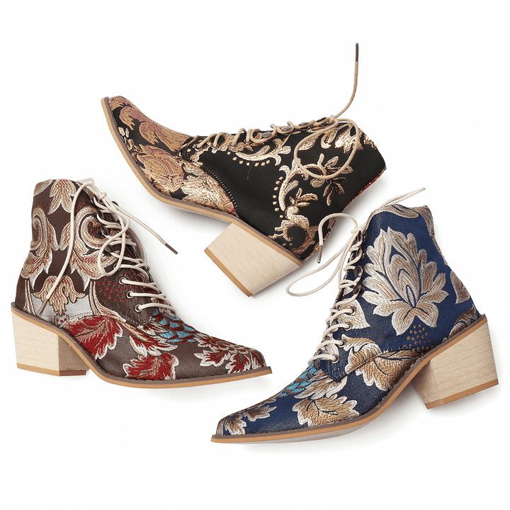 Women Pointed Toe Embroideried Lace up Block Boots