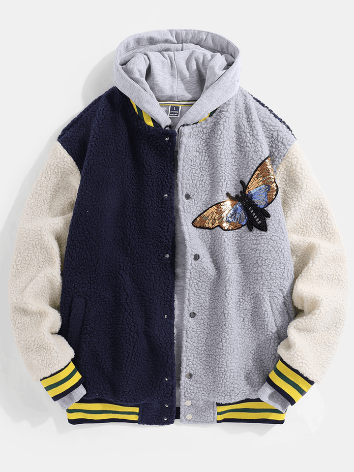 Mens Butterfly Sequins Applique Patchwork Pocket Baseball Collar Teddy Jacket