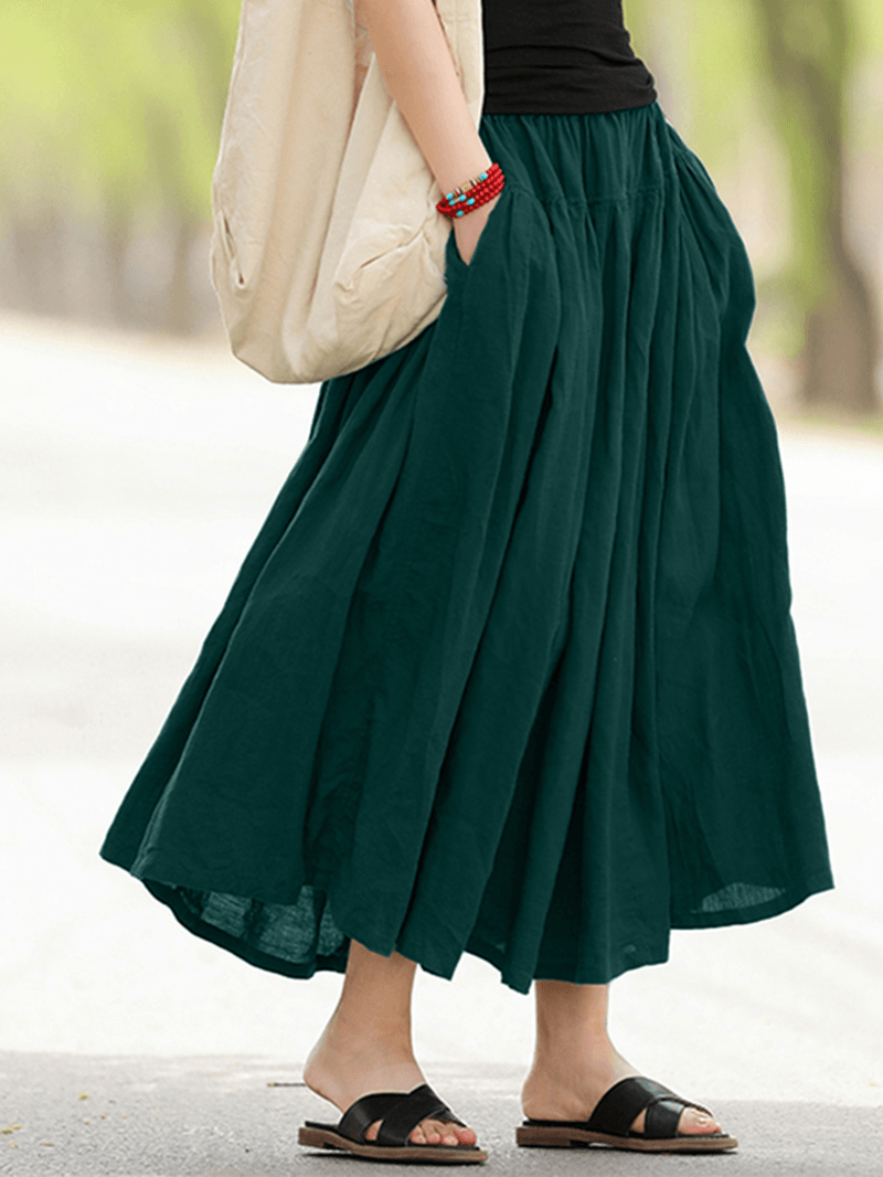 Casual Solid Elastic Waist Pleated Spliced Cotton Skirt for Women