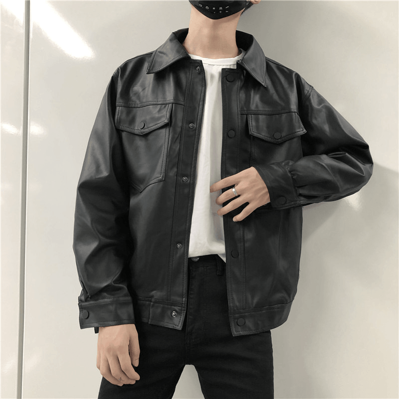 Men'S Leather Jacket Men'S Youth Loose Lapel Workwear Pu Leather Jacket