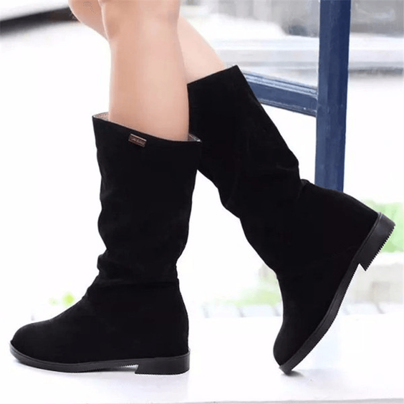 Women Warm Solid Color Suede Winter Snow Mid-Calf Boots