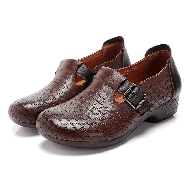 Women Comfy Soft Breathable Hollow Wearable Buckle Casual Leather Loafers