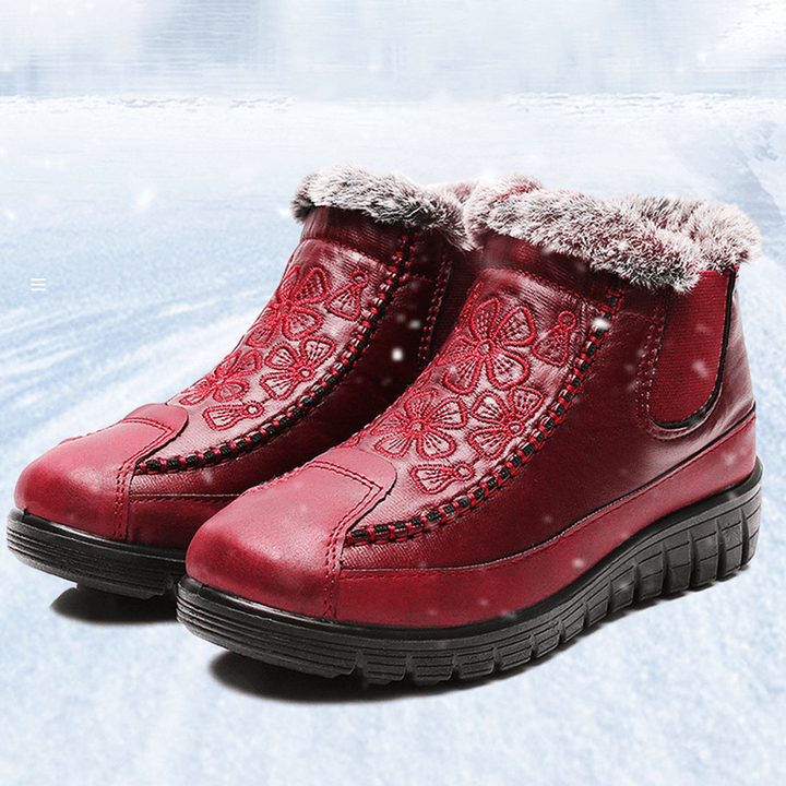 Women Comfy Floral Embroidered Waterproof Warm Lining Cotton Snow Boots