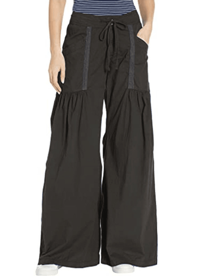 Women Solid Color Elastic Waist Loose Wide Leg Pants with Pocket