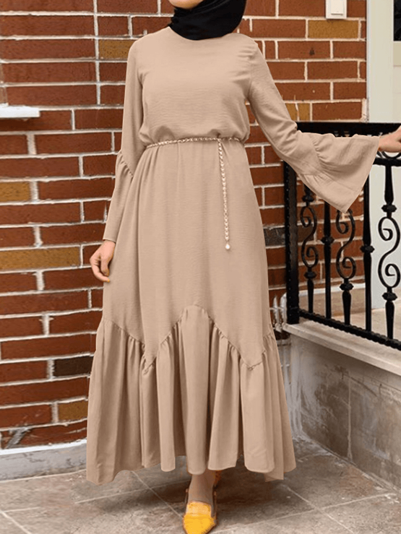 Women Solid Color Ruffle Long Sleeve Simple Kaftan Maxi Dresses - MRSLM